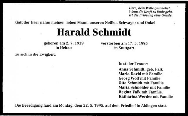 Schmidt Harald 1939-1995 Todesanzeige